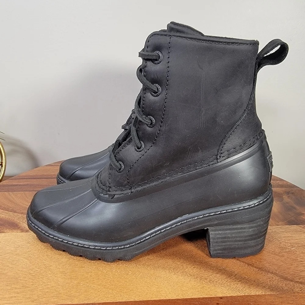 Sperry Saltwater Heel Rain Boots Women's Black Leather Lace-Up Duck Boot Size 5